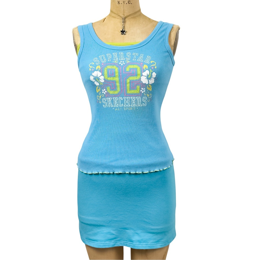 Vtg Y2K Skechers Ribbed Hibiscus Graphic Tank Top Glitter Logo Lettuce Trim Sz S